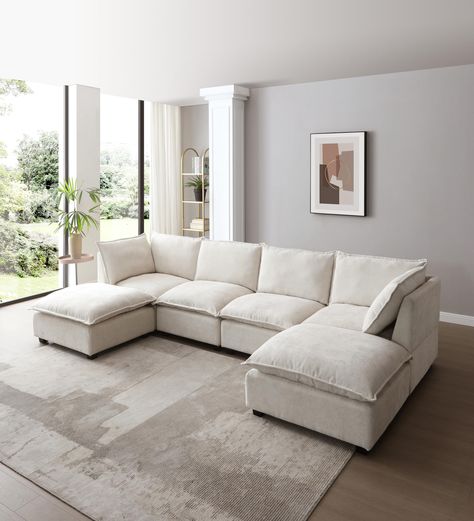 PRICES MAY VARY. Sturdy solid wood frame, high-end breathable Linen fabric, filled with high-quality sponge, The cushions are filled with duck down making this modular sectional sofa beautiful and comfortable. Each seat unit can be moved and re-matched,Soft, comfortable and can be assembled at will. The reversible chaise can be used as footstool or single seat which perfect complementary to sofa, every seat can be placed arbitrarily according to your needs. Modular piece is made by the skilled h Linear Sofa, Small Apartment Couch, Cloud Couch, U Shaped Sectional Sofa, Corner Couch, Modular Couch, Shaped Sofa, U Shaped Sofa, U Shaped Sectional