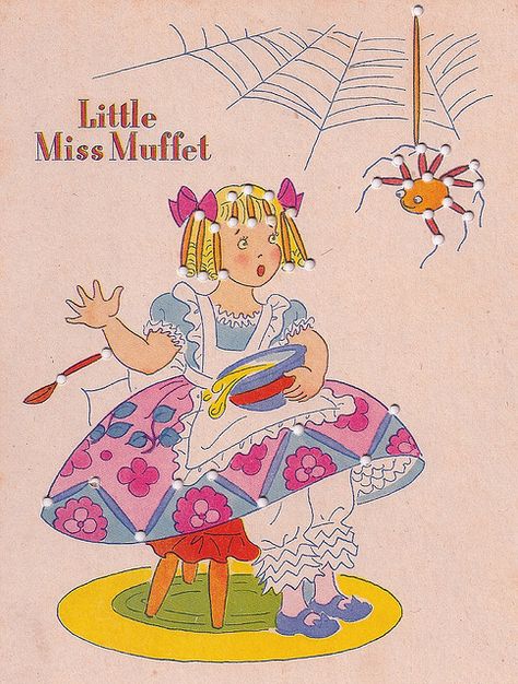 Little Miss Muffet    Mother Goose Lace-up Card by Whitman  1950s  Unsigned but definitely looks like artwork of  Hilda Miloche Old Nursery Rhymes, Old Mother Hubbard, Little Miss Muffet, Miss Muffet, Fairytale Nursery, Nursery Activities, Storybook Cottage, Japanese Drawings, Mother Goose