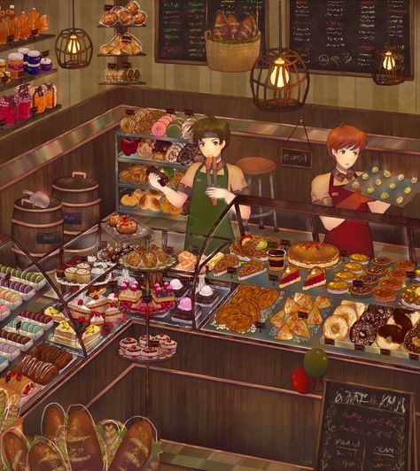 Anime Bakery, Izuku Aizawa, Group Composition, Modern Bakery, He Has A Girlfriend, Environment Painting, Background Drawing, Anime Food, Disney Princess Pictures