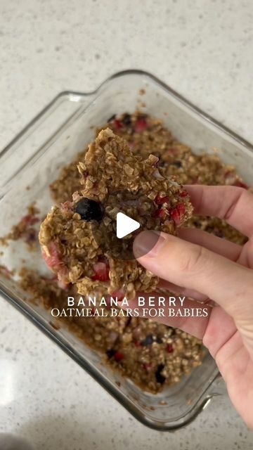 Emily Wilk on Instagram: "Banana Berry Oatmeal Bars for Babies 🍌 🍓 🫐   I feel like I’m always feeding Miles the same things, so it’s nice when I find a new recipe to try! I’m still so scared to let him feed himself, but we’re slowly working on that. These soft baked oatmeal bars are perfect for babies and toddlers.   Ingredients: - 2 ripe bananas - 1 1/2 cups rolled oats - 1/2 cup blueberries, mashed - 1/2 cup finely chopped strawberries  - 2 tbsp natural peanut butter - 1/4 tsp cinnamon   Directions: 1. preheat oven to 350°. 2. In an 8x8 baking dish, mash the bananas and add the rest of the ingredients. Mix well.  3. Press the mixture down until it’s about an inch thick.  4. Bake in the oven for 25 minutes. Let cool & serve. ENJOY!   #babyfood #babyfoodrecipes #babyfoodideas #blw #baby Blw Banana, Blw Oatmeal Bars, Toddler Oatmeal, Strawberry Bars, Oatmeal Bars Recipes, Berry Oatmeal, No Bake Oatmeal Bars, Baby Breakfast, Banana Bars