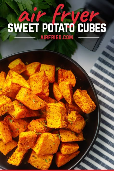 Air Fryer Sweet Potatoes, Sweet Potato Cubes, Roasted Sweet Potato Cubes, Potato Cubes, Sweet Potato Benefits, Fried Okra, Cubed Sweet Potatoes, Crispy Sweet Potato, Cooking Sweet Potatoes