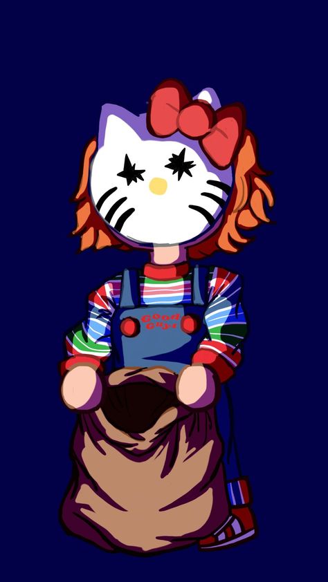 Hello Kitty Chucky Drawing, Chucky Doll Wallpaper, Chucky Wallpaper Iphone, Horror Movie Pfp, Movies Pfp, Chucky Hello Kitty, Hello Kitty Chucky, Chucky Wallpaper, Chucky Pfp