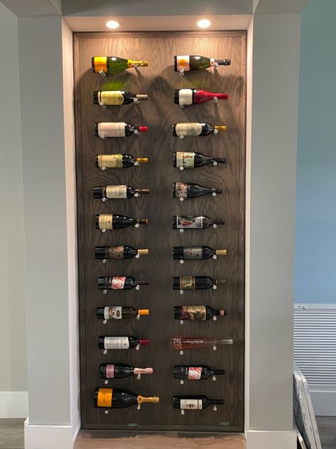 Wooden Wall Wine Rack, Wine Wall Display With Lights, Recessed Wine Wall, Wine Shelves Wall Modern, Wine Wall Storage, Modern Wine Storage Wall, Floating Wine Wall, Wine Feature Wall, Dining Room Wine Wall