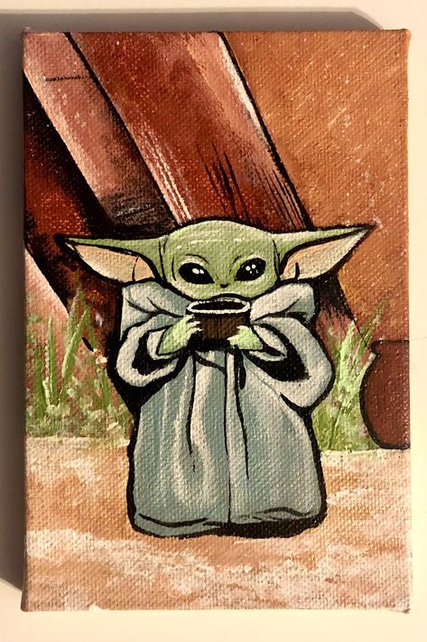 Grogu Paintings Easy, 4x6 Canvas Painting Ideas, Yoda Pumpkin Painting, Grogu Painting, Baby Yoda Painting, Yoda Painting, Star Wars Canvas Painting, Baby Yoda Pumpkin, Yoda Pumpkin