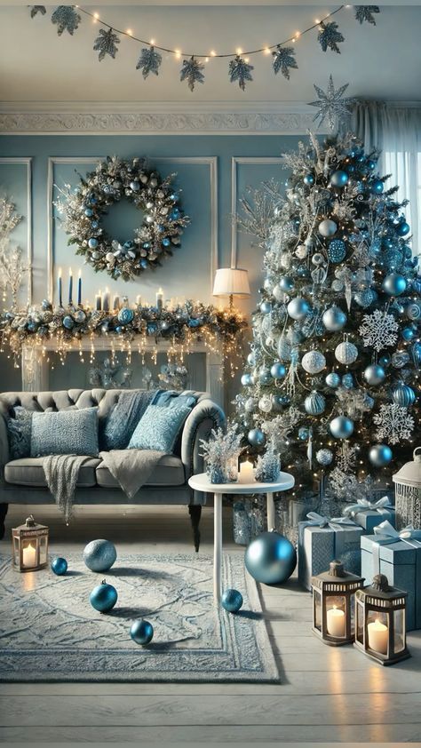 Blue Living Room Christmas Decor, Blue Christmas Mantle, Light Blue Christmas Aesthetic, Blue Christmas Aesthetic, Christmas Decor Blue, Festive Activities, Blue Christmas Decor, Christmas Service, Elegant Christmas Trees