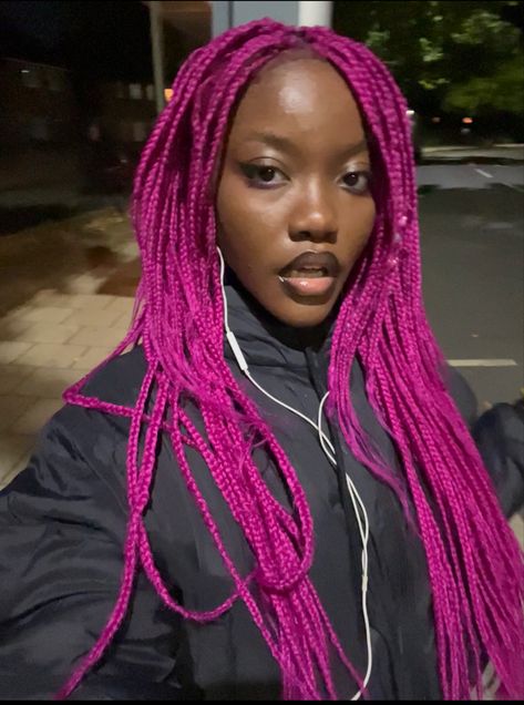 Pink Micro Braids, Dark Pink Box Braids, Pink Twists Black Women, Hot Pink Box Braids, Coloured Cornrows, Dark Pink Braids, Pink Fulani Braids, Pink And Green Braids, Pastel Box Braids