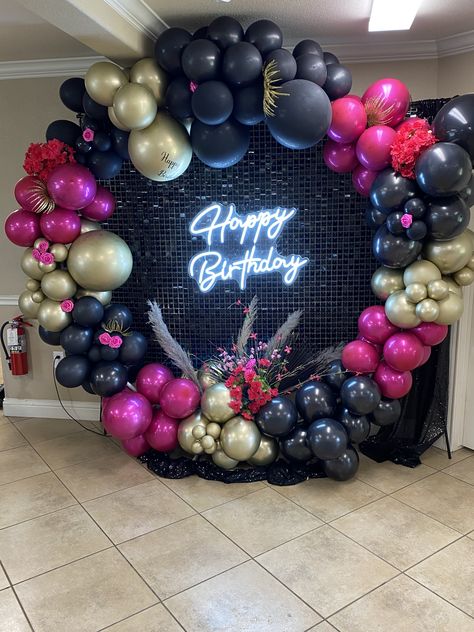 Pink Black And Gold Party Decorations, Arch Photo Backdrop, Party Neon Sign, Arch Photo, Metal Wedding Arch, Party Neon, Bday Party Theme, Diy Balloon Decorations, Birthday Party Theme Decorations