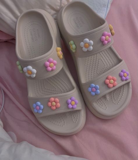 Crocs, Footwear, 2024 crocs, Cute girly sandals, Gibits, Cream colored shoes, Back to school shoes, Rachel Gentile Croc Slides With Jibbitz, Croc Platform Sandals, Crocks Sandal, Platform Croc Sandals, Croc Sandals Outfit, Croc Design Ideas, Croc Outfits Women, Jibbitz Crocs Ideas, Croc Slides