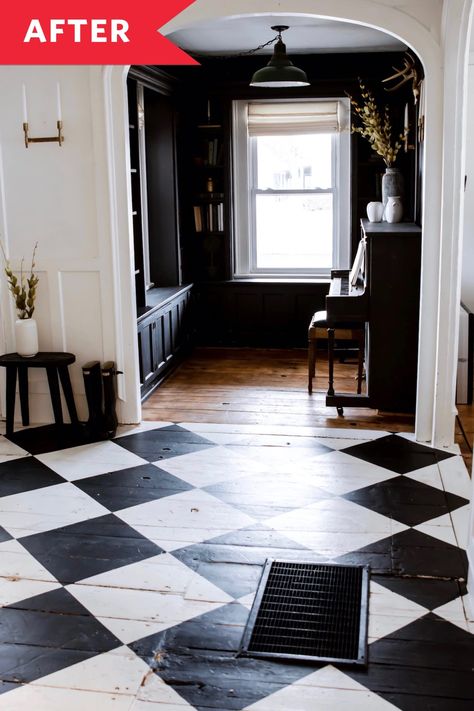 Painted Wood Floor Redo - Wood Floors Painted with Checkered Pattern | Apartment Therapy Painted Kitchen Floors, Painted Wood Floor, Painted Hardwood Floors, Painted Built Ins, Architecture Renovation, Painted Wood Floors, Floor Pattern, Painted Floor, Porch Flooring