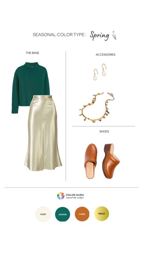 Dark green sweater, ivory silky skirt, pecan brown clogs and gold pearl jewelry Sunlit Spring, Spring Color Analysis, Color Guru, Sweater Styling, Seasonal Color Analysis, Styling Inspiration, Spring Color, Color Analysis, Season Colors