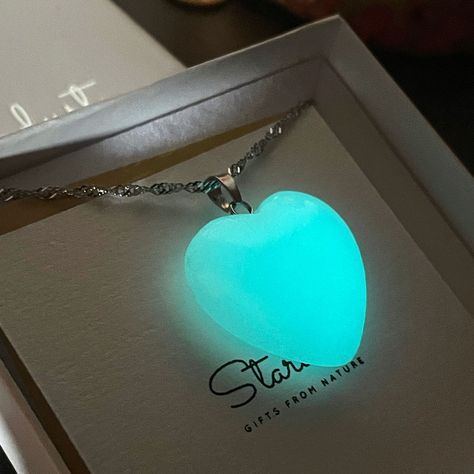 Glowing heart pendant gift for woman. This Stunning light green Heart Pendant is stylish and distinctive. It absorbs light during the day and releases it at night creating a mystical glow. Various chain styles and lengths available. All jewelry comes in premium packaging, gift ready, plus a stylish postcard All of our jewelry are designed and crafted by hand in our atelier in Bulgaria with careful attention to detail that allows us to create truly beautiful gifts for you. P R O D U C T ∙ D E T A Glowing Necklace Pendants, Glowing Heart, Glow Jewelry, Glowing Necklace, Necklace Luxury, Girlfriend Anniversary, Pretty Jewelry Necklaces, Magical Jewelry, Star Chain