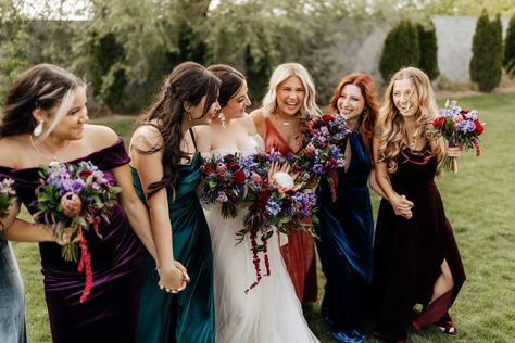 Witchy Wedding Bridesmaid Dresses, Jewel Colour Bridesmaid Dresses, Jewel Tone Wedding Bridesmaid Dresses, Dark Boho Wedding Bridesmaid Dresses, Gem Tone Wedding Centerpieces, Velvet Jewel Tone Bridesmaid Dresses, Gem Tone Bridesmaid Dresses, Moody Bridesmaids, Jewel Toned Dresses