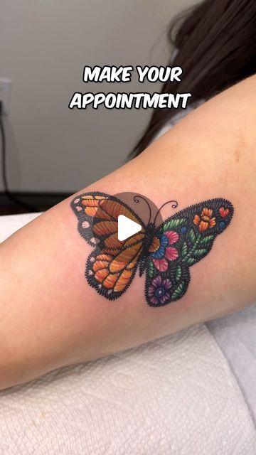 Yomari Medina - Glass Stain & Embroidery Tattoos on Instagram: "Beautiful butterfly in embroidery tattoo style 

🤩Share • Comment • Like🤩

If you love cute, Disney, anime and kawaii tattoos or just a fun a happy account hope you follow me❤️

I work non traditional tattoo styles like embroidery, watercolor splashes, stain glass, pixel and origami tattoos

  Find me in San Antonio Tx
@nfctattoostudio 
Needles by @ambitiontattoo_amz 
Visit my Shop! www.becapyadventures.com

•
•
•
•
•
#sanantoniotattoo#sanantoniotattooartist#sanantoniotattooshop #SATattooArtist#SATattooShop#thingstodoinsanantonio #disneytattoo #disneyink #cutetattoo #girlytattoos #cutetattoosforgirls #cutetattoos #kawaiitattoos #butterflytattoo #embroiderytattoo" Stained Glass Butterfly Tattoo, Origami Tattoos, Embroidery Watercolor, Kawaii Tattoos, Embroidery Tattoos, Origami Tattoo, Embroidery Tattoo, Traditional Style Tattoo