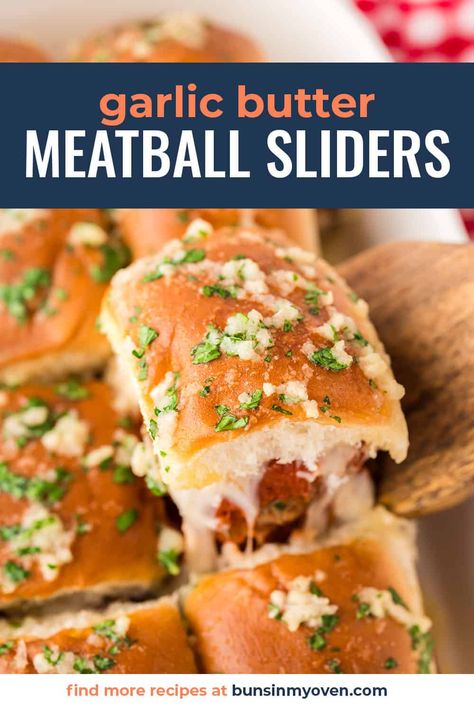 These saucy little Meatball Sliders are baked on Hawaiian rolls, loaded with cheese, and topped with garlic butter. Perfect for an appetizer or a quick dinner! Meatball Sliders Hawaiian Rolls, Hawiian Rolls, Meatball Sliders Recipes, Sliders Recipes Hawaiian Rolls, Buns In My Oven, Hawaiian Roll Sliders, Meatball Sliders, Meatball Dinner, Disney Dinner