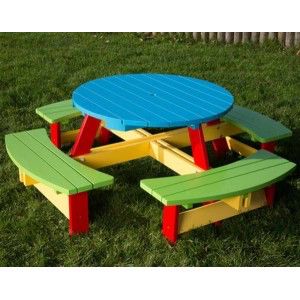 Painted Nursery, Round Picnic Table, Diy Kids Playground, Kids Picnic Table, Wooden Garden Benches, Garden Storage Shed, Picnic Bench, Outdoor Sheds, Picnic Tables