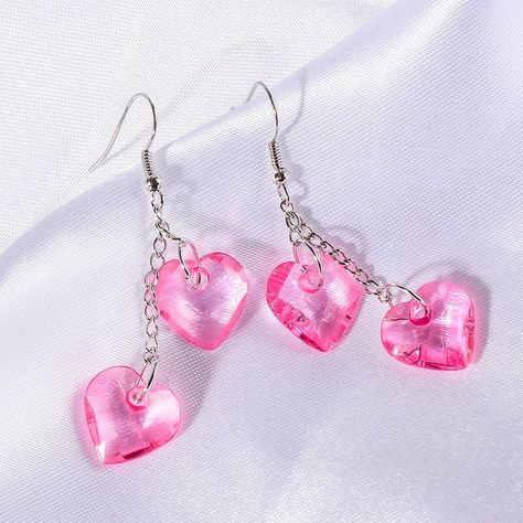 Y2k Candy, Pink Heart Earrings, Y2k Pink, Candy Hearts, Crystal Shapes, Heart Dangle Earrings, Dangly Earrings, Heart Candy, Cute Earrings