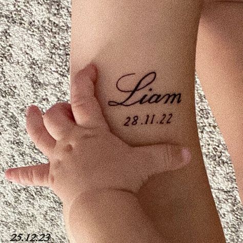 Liam Tattoo Name Cursive, Tattoo Ideas Female Kids Names, Mothers Name Tattoo, Liam Name Tattoo, Levi Name Tattoo, Name On Forearm Tattoo, Tattoos Names Ideas, Letras Tattoo Nombres, Last Name Tattoo For Women