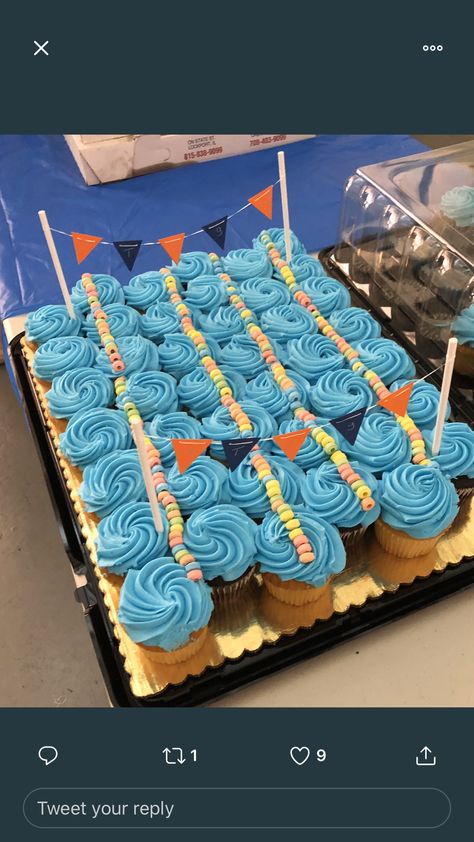 Swim Cupcake Ideas, Swim Team Party Food, Swim Team Cake Ideas, Swim Team Cake, Swim Team Pep Rally Ideas, Swim Banquet Ideas High Schools, Swim Team Christmas Party, Swim Team Dinner Ideas, Senior Night Ideas Swimming