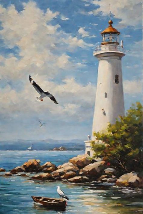 Lighthouse Painting Ideas, Painting Lighthouse, Lighthouse Drawing, Ocean Art Painting, Beach Art Painting, Lighthouse Painting, Lighthouse Pictures, Lighthouse Art, Landscape Art Painting