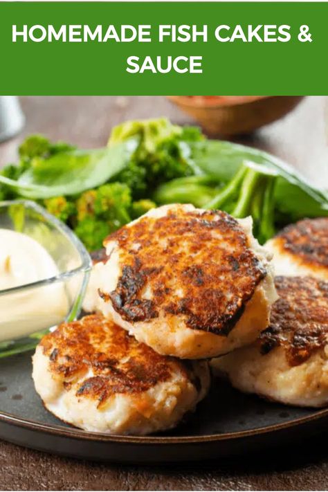 Homemade Fish Cakes & Sauce Fish Cake Sauce, Homemade Fish Cakes, Fish Cake Recipe, Homemade Dipping Sauce, Cakes From Scratch, Cook Potatoes, Fish Cakes Recipe, Minced Meat Recipe, Fish Cakes