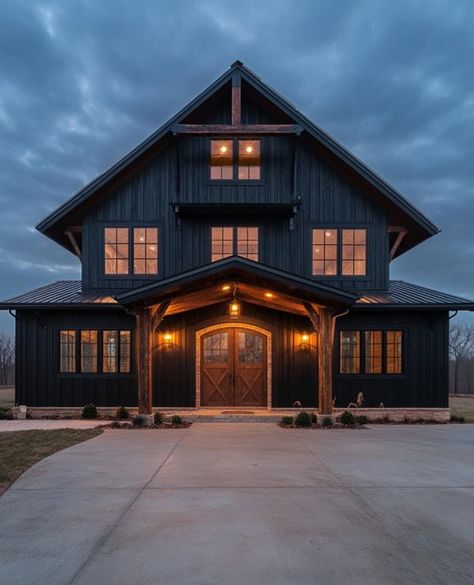 Goth Barndominium, Charcoal Barndominium Exterior, Barndominium Landscaping, Cabin Barndominium, Black Barndominium Exterior, Barndo Designs, Shouse Barndominium, Inside Barndominium, Barndominium Exterior