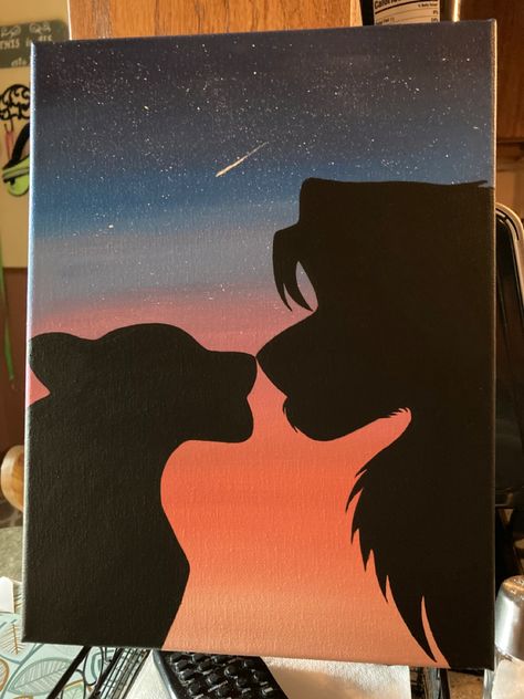 Disney Couples Paintings, Date Night Painting Ideas Couple, Canvas Painting Couple Ideas, Couples Paintings Ideas, Canvas Ideas For Couples, Canvas Disney Painting, Paintings For Couples To Do Together, Lion King Painting Easy, Paintings For Love