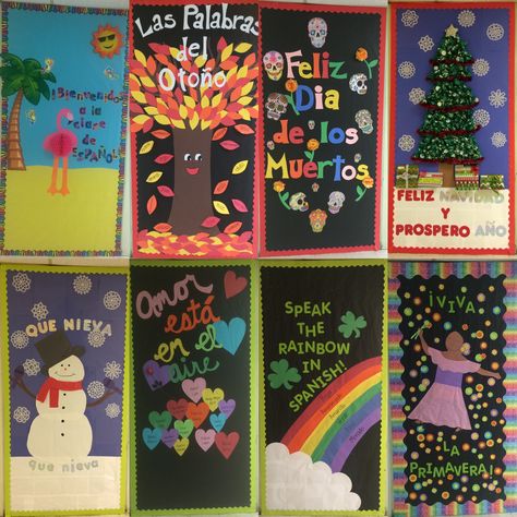 Spanish Bulletin Boards Back To School, Spanish Classroom Door Ideas, Bilingual Bulletin Boards, Bulletin Board Ideas Spanish, Spanish Bulletin Board Ideas, Spanish Christmas Door Decor For School, Spanish Winter Bulletin Board Ideas, Spanish Classroom Door, Spanish Club Bulletin Board