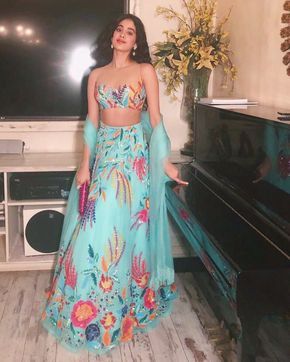 When Colours make a beautiful art work on a Blue Aqua Canvas and it's magical on the very gorgeous @janhvikapoor6 #stunning and #glamourous in #CustomMade #manishmalhotralabel #eveningwear #embrodieryart #brautiful #festive #indianwear #glamour #style #contemporarush #indIan fashion #manishmalhotraworld ##Festivefun #Diwali #styling #stylist @tanghavri @beganijewels @mmalhotraworld Manish Malhotra Lehenga, Janvi Kapoor, Designer Bridal Lehenga Choli, Saree Bollywood, Indian Fashion Trends, Janhvi Kapoor, Designer Bridal Lehenga, Manish Malhotra, Ghagra Choli