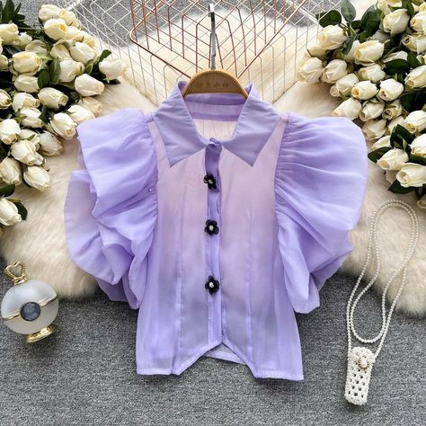 Luxury Puff Sleeve Shirt For Daywear, Stylish Girls Shirt Design, Luxury Elegant Puff Sleeve Shirt, Luxury Blouse With Sheer Puff Sleeves, Luxury Puff Sleeve Shirt, Sweet Shirts, Free Tops, Robes Glamour, Simple Casual Outfits