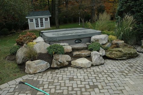 Landscaped Hot Tub surround during construction www.longislandhottub.com Hot Tub Landscaping, Hot Tub Surround, Indoor Hot Tub, Hot Tub Patio, Hot Tub Designs, Hot Tub Deck, Small Water Features, Hot Tub Backyard, Hot Tub Garden