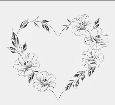 Floral Heart Design, Floral Heart Tattoo Design, Heart Flower Tattoo, Heart Outline Tattoo, Flower Tattoo Stencils, Wreath Tattoo, Small Dragon Tattoos, Rose Drawing Tattoo, Framed Tattoo