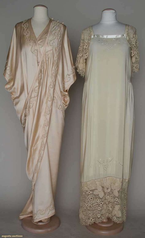 Two 1910 boudoir items: (1) pink charmeuse peignoir w/pink and pale green embroidery, floor length and (2) cream China silk negligee, cream embroidery and silk Irish crochet sleeve and hem trims. Silk Negligee, Fashion 1910, Augusta Auctions, Cream Embroidery, 1910s Fashion, Green Embroidery, Historic Clothing, Silk Lingerie, Vintage Gowns