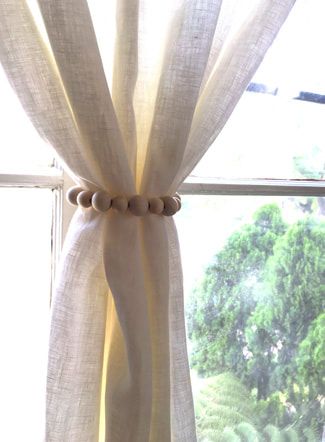 Curtain Bang Hairstyles, Bang Hairstyles, Diy Curtain, Curtain Tiebacks, Curtain Tie Backs, Linen Curtains, Tie Backs, Wood Beads, Cotton Linen