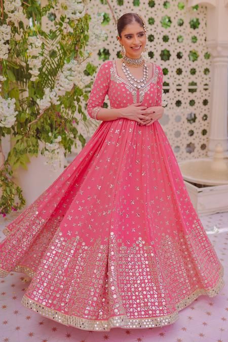 Chanderi Silk Mirror Work Anarkali with Dupatta Mirror Work Anarkali Dresses, Silk Lehenga Designs, Mirror Work Anarkali, Chanderi Silk Lehenga, Pink Anarkali Suits, Desired Wardrobe, Bright Pink Wedding, Abhinav Mishra, Anarkali With Dupatta