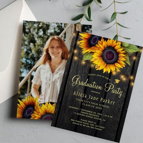 $2.77 | Sunflowers rustic PHOTO graduation party #floral graduation, elegant calligraphy script, high school, college, rustic, graduate, botanical, gold, sunflower, graduation party Country Graduation Party, Graduation Bbq Party, Graduation Mason Jars, Country Graduation, Graduation Bbq, Bbq Party Invitations, Sunflower Invitations, Graduation Party Invitations Templates, Photo Party