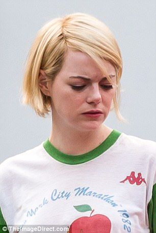 The way it was: The Oscar-winning actress, 28, wore her locks styled in a precision-cut short bob -  a contrast from her look at the Telluride Film Festival in Colorado at the weekend Emma Stone Pixie, Emma Stone Short Hair, Emma Stone Bob, Emma Stone Maniac, Emma Stone Bob Haircut, Emma Stone Short Hair Pixie, Emma Stone Short Hair Bob, Emma Stone Curly Hair, Emma Stone Updo