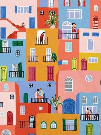 Colourful Houses Painting, Painting Ideas 2023, Parlour Design, Ideas For Drawing, Acrylic Painting Ideas, Painting Creative, Boho Painting, Building Illustration, Smart Art