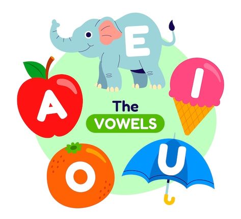 Free vector hand drawn vowels illustrati... | Free Vector #Freepik #freevector #vowel #illustrations #hand-drawn-illustration #flat-illustration Vowel Flashcards Free Printable, Vowels Decoration Ideas, Vowels Activities Preschool, Vowels Craft, Vowels Letters, Vowels Printable, Vowels In English, Vowel Poster, Vowel Letters