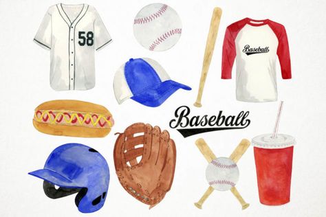 Watercolor Baseball Clipart Baseball Watercolor, Baseball Illustration, Baseball Food, Baseball Pennants, Baseball Clipart, Printable Illustrations, Cat Character, Food Drawing, Baseball Hat