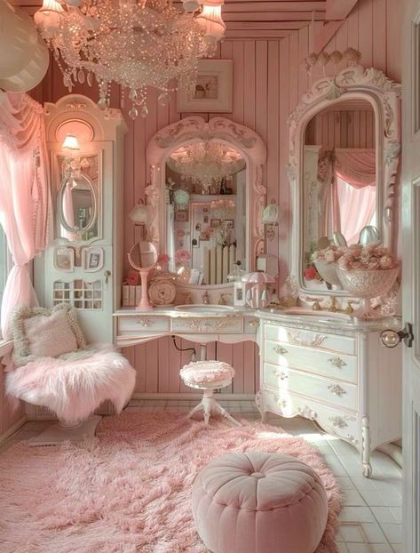 Marie Antoinette Bedroom Aesthetic, Posh Room Aesthetic, Pink Cottagecore Decor, Girly Pink Bedroom Princesses, Princess Core Bedroom, Cocette Room, Fancy Room Ideas, Victorian Room Ideas, Coquette Interior Design