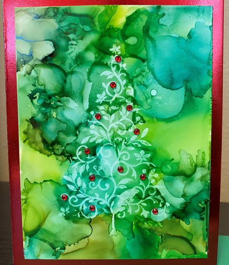 Alcohol Ink Christmas Cards, Alcohol Ink Christmas, Christmas Card Collage, Green Alcohol, Card Collage, Cheer Ideas, Alcohol Ink Crafts, Ink Inspiration, Tree Stamp