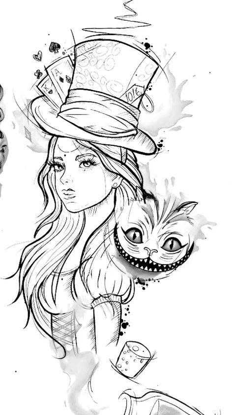 Steampunk Alice In Wonderland Tattoo, Alice In Wonderland Card Tattoo, Alice In Wonderland Flash Tattoo, Simple Alice In Wonderland Tattoo, Creepy Alice In Wonderland, Alice In Wonderland Tattoo Ideas, Alice In Wonderland Tattoo Sleeve, Dark Disney Tattoo, Cheshire Cat Tattoo