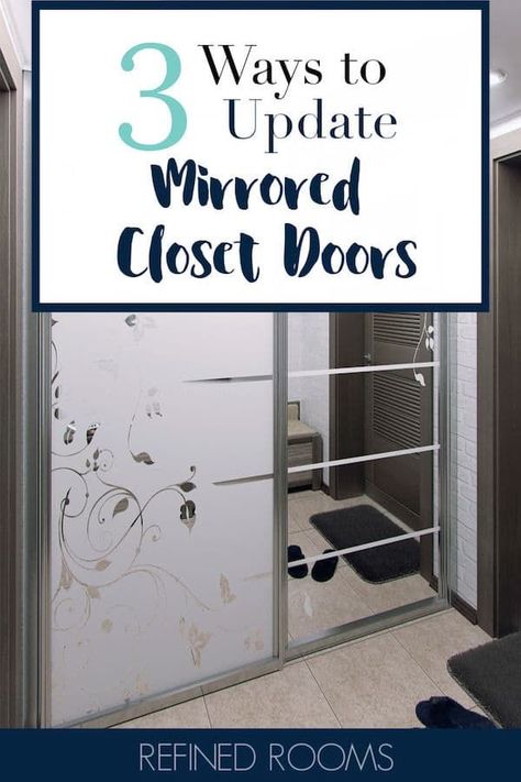 Got outdated mirrored closet doors? Check out these 3 super affordable options for replacing or camouflaging those doors. These are great ideas for updating your space, especially if you have plans to sell your home! #mirroredclosetdoors #DIYprojects #homesellingtips #homeupdates Cover Up Mirrored Closet Doors, Upcycle Mirror Closet Doors, Upgrade Sliding Mirror Closet Doors, Mirrored Wardrobe Doors Makeover, Modern Mirrored Closet Doors, Covering Mirrored Wardrobe Doors, Mirror Closet Door Cover Up, Change Mirrored Closet Doors, Closet Door Makeover Mirrored