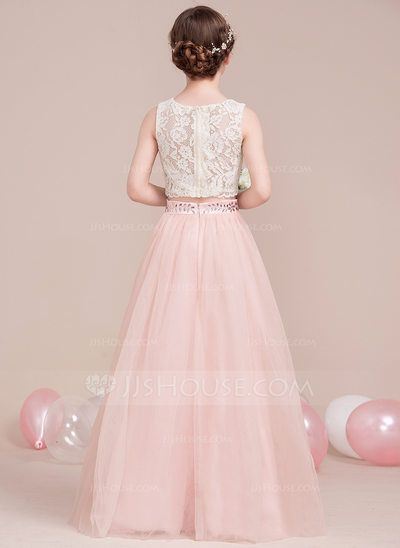 A-Line/Princess Scoop Neck Floor-Length Tulle Junior Bridesmaid Dress With Beading (009106853) - JJ's House Bridesmaid Dresses Dusty Sage, Second Wedding Dresses, Kids Dress Patterns, Junior Bridesmaid Dress, Indian Bridal Dress, Pearl Pink, Pageant Gowns, Fancy Dress For Kids, Engagement Dresses