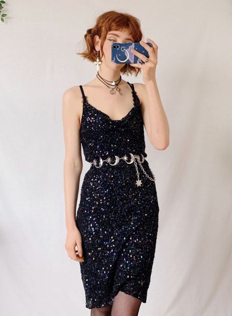 Stargazing Outfit, Celestial Party Outfit, Alternative Cocktail Outfit, Cosmic Dress Aesthetic, Celestial Goth Outfit, Celestial Dress Casual, Moon Outfit Aesthetic, Grunge Wedding Guest Outfit, Starfall Dress