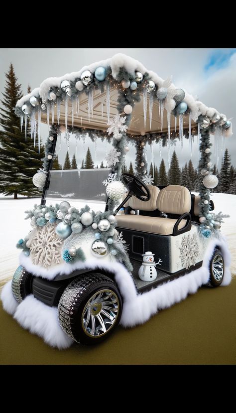 🏆 21 Genius Golf Cart Decorating Ideas That Will Make You the Star of Every Event! 🎉 Holiday Golf Cart Decorations, Golf Cart Decorating Ideas For Christmas, White And Silver Decorations, Golf Cart Decorating Ideas, Cart Decorating Ideas, Christmas Exterior, Faux Fur Blankets, Golf Cart Decorations, Disney Golf