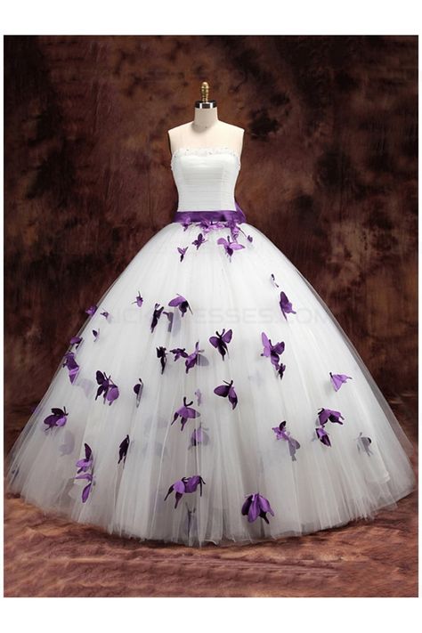 $229.99 Ball Gown Strapless Purple White Wedding Dresses Bridal Gowns. Discover a variety of wedding dresses at luckdresses.com. The custom made service is available without extra cost. Butterfly Wedding Dress, Puffy Wedding Dresses, Baju Kahwin, Butterfly Beads, Purple Wedding Dress, Tulle Bow, Bow Wedding, Tulle Ball Gown, Cute Prom Dresses