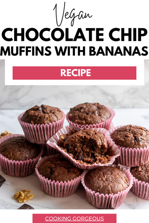 Vegan and dairy free breakfast muffins made with chocolate chips, bananas, and nuts. Muffins With Bananas, Unique Cheesecake Recipes, Vegan Chocolate Chip Muffins, Chocolate Chip Banana Muffins, Banana Muffins Recipe, Double Chocolate Chip Muffins, Vegan Chocolate Bars, Fancy Desserts Recipes, Easy Chocolate Desserts