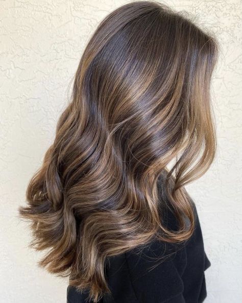 Balayage Hair With Brown Hair, Cool Tone Caramel Balayage, Dark Brown With Golden Balayage, Dark Golden Brown Balayage, Chocolate Brown Hair With Beige Highlights, Caramel Highlights On Asian Hair, Highlited Hair Brown, Caramel Ash Hair, Brown Hair With Definition