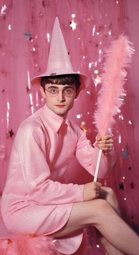 Low Key Costumes, Lgbtq Halloween Costumes, Pink Harry Potter Aesthetic, Delulu Aesthetic, Thinking Pose, Spooky Characters, Pink Alien, Pink Witch, Harry Potter Painting